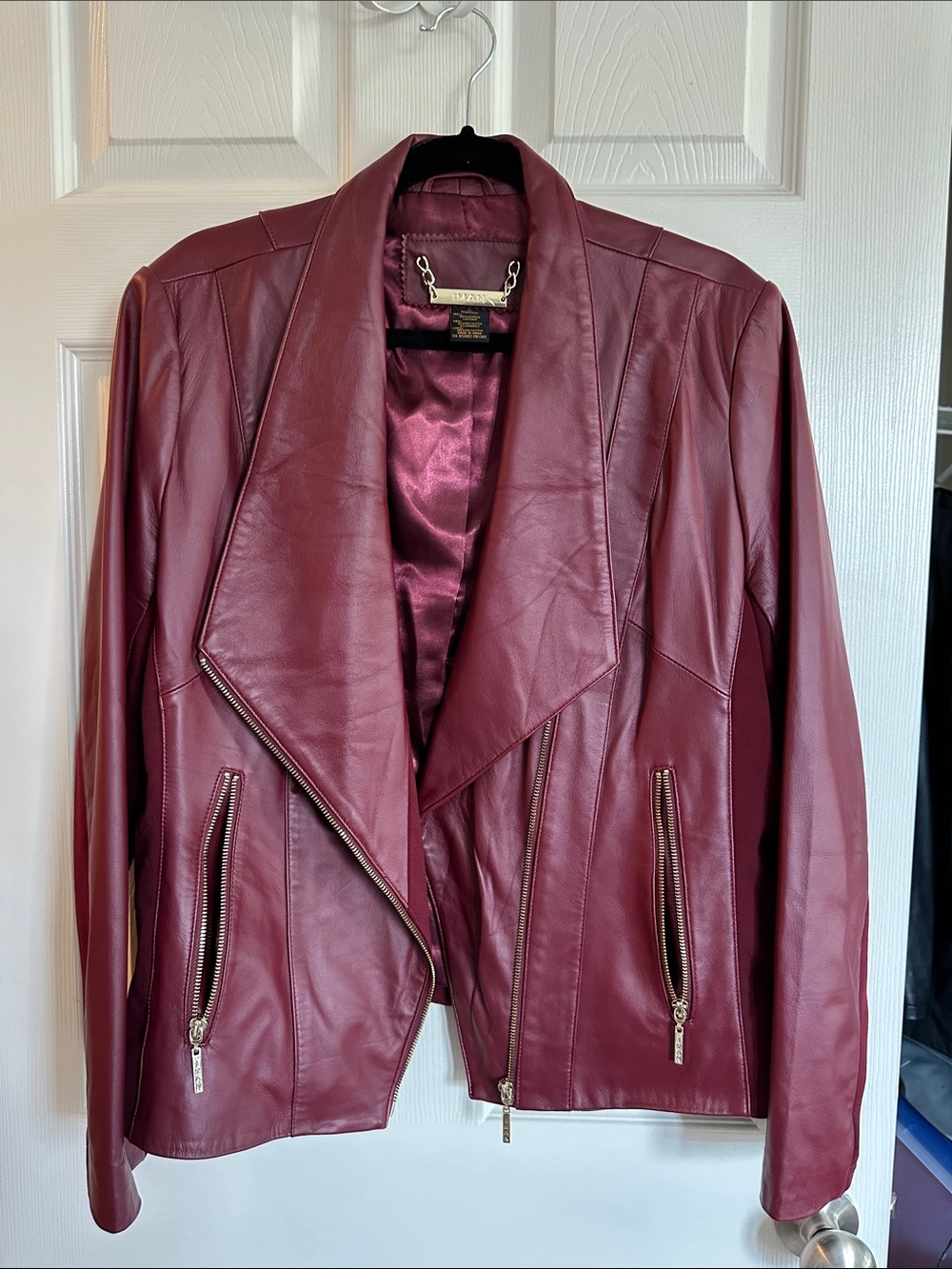IMAN Genuine Leather Asymmetrical Moto Jacket Burgundy Wine Stretch Panels XL